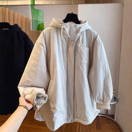 欧货设计感宽松休闲连帽棉服女冬季2025新款中长款夹棉风衣外套潮