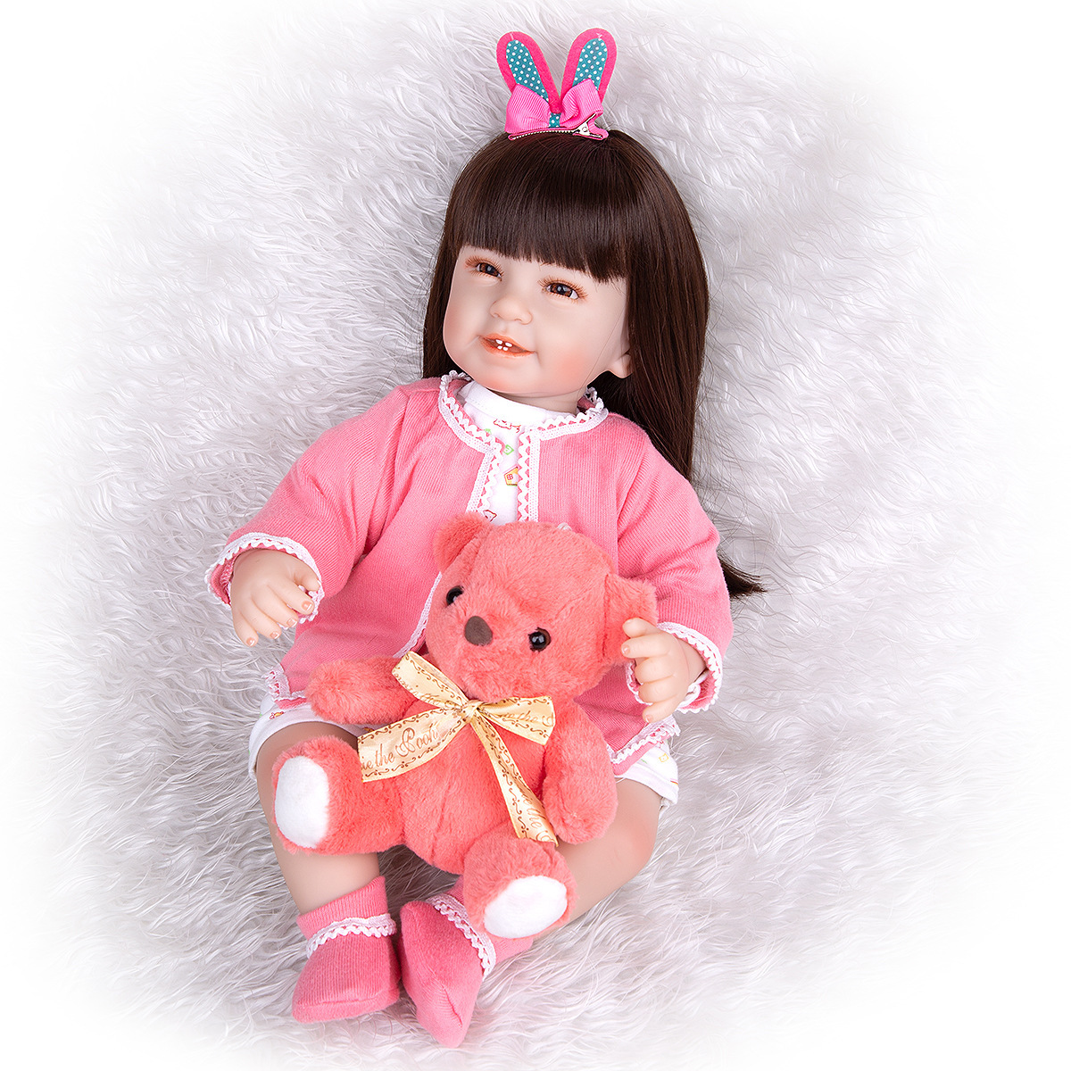 웃는 얼굴의 비닐제 실물 아기 인형, 네 개의 치아와 천 몸체, 조기 교육용 동반 인형 55cm 여아 선물