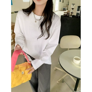 200g纯棉打底衫内搭宽松长袖T恤小众女装白色上衣春季高级感小衫