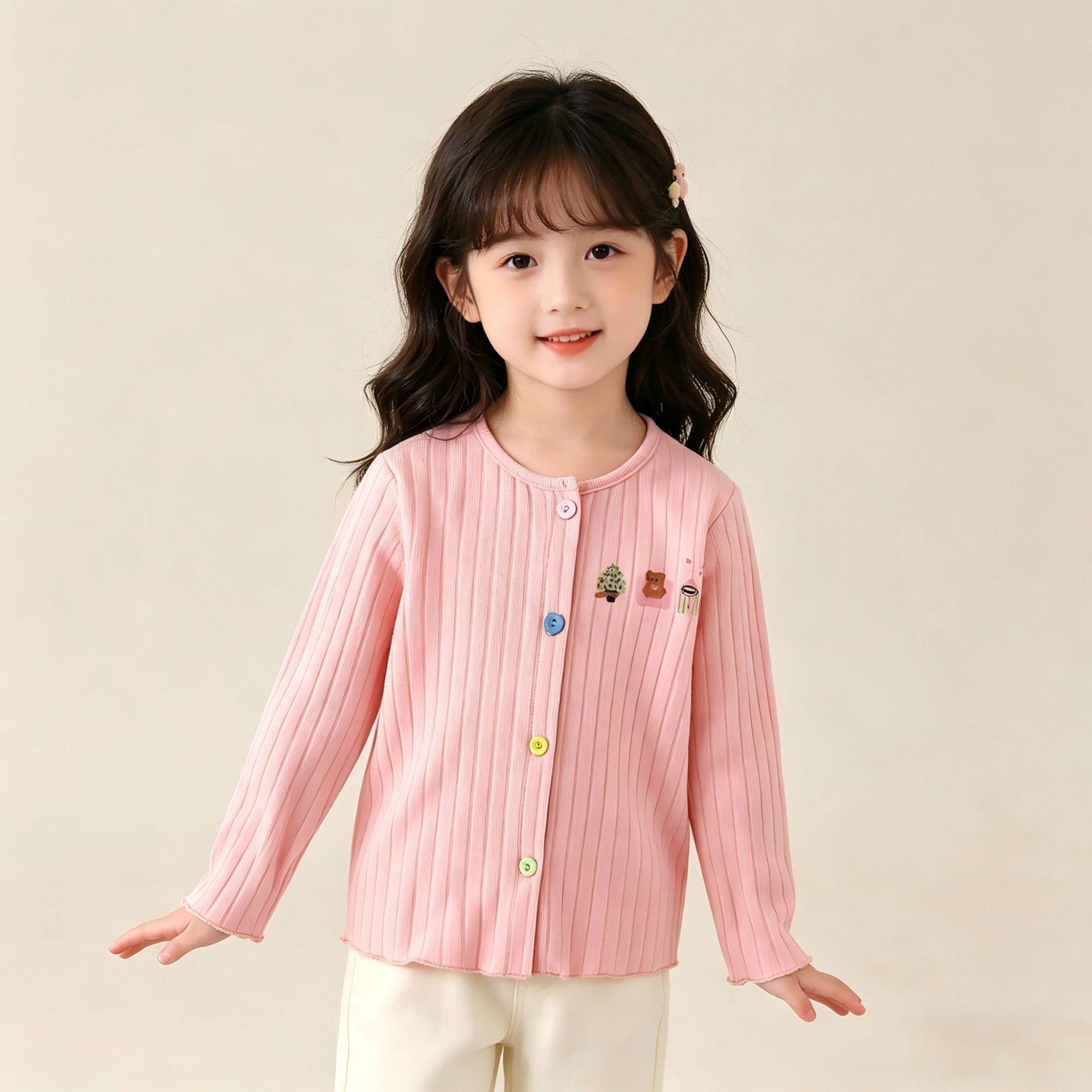 2026 New Girls' Spring and Autumn Knitted Cardigan, Cute Bear Versatile Coat for Children, Baby Colorful Button Top Wholesale