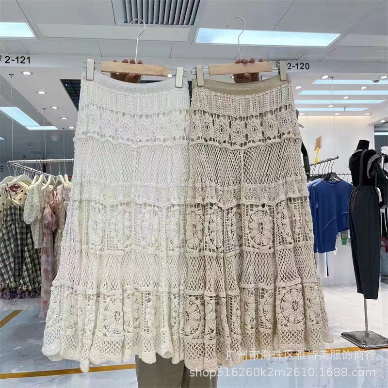 Vintage Holiday Style Lace Crochet Hollow Skirt Women's Summer High Waist Slimming Chic and Unique Large Swing A- Line Skirt