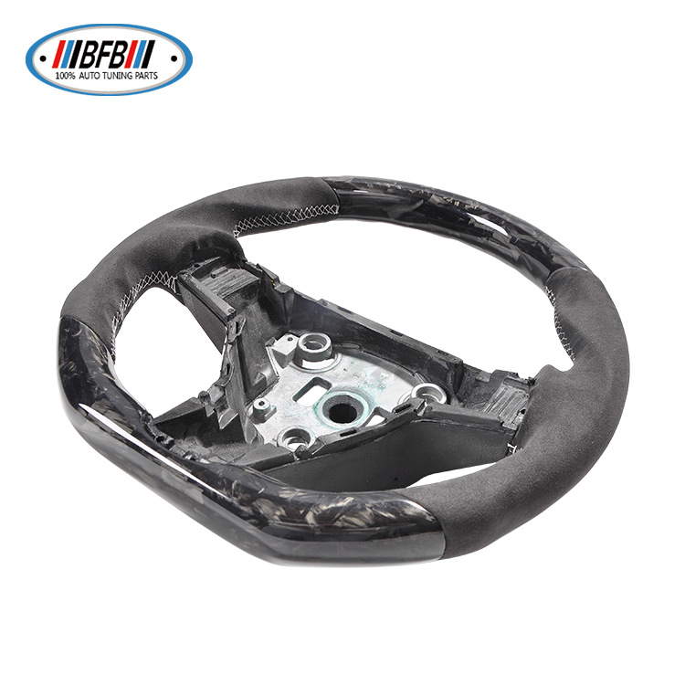 100% Real Carbon Fiber Forged Black Steering Wheel with Brown Stitching - For Tesla Model Y
