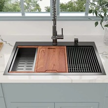 跨境美式不锈钢厨房洗菜盆多功能黑色大单槽阶梯式水槽