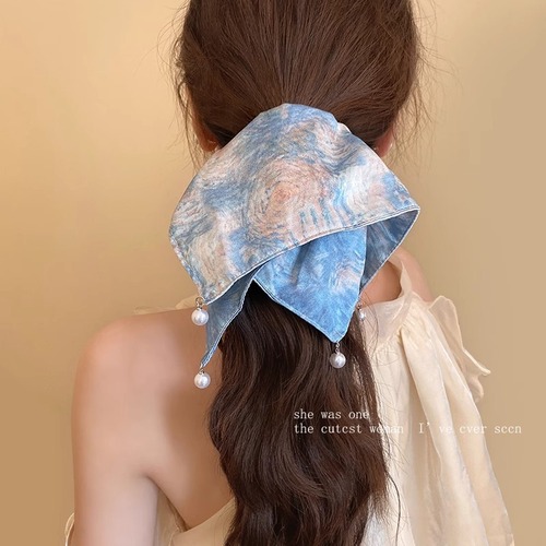 French oil painting pearl square scarf hair tie for women 2025 high-end low ponytail hair tie elegant sweet hair accessory
