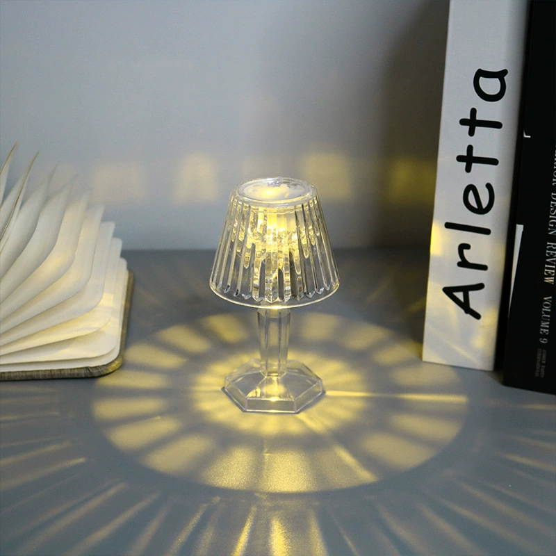 Transparent LED projector table lamp, electronic night light, battery‑powered (3×AG13), multiple styles