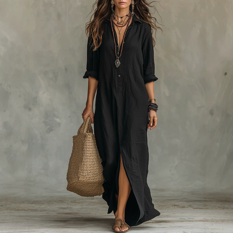 Cross-Border European and American Spring and Summer New Casual Solid Color Lapel Front-Button Bohemian Shirt and Floor-Length Skirt Dress Cross-Border European and American Spring and Summer New Casual Solid Color Lapel Front-Button Bohemian Shirt and Floor-Length Skirt Dress
