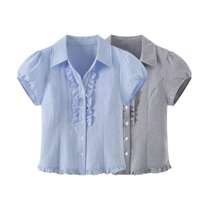 2026 New Summer Women's Casual Youthful Plaid Lapel Ruffled Open-Front Short-Sleeve Shirt 2026 New Summer Women's Casual Youthful Plaid Lapel Ruffled Open-Front Short-Sleeve Shirt