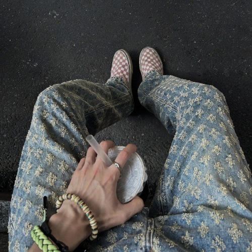 Urban streetwear hip-hop pants trendy brand cool and stylish men's brocade full print jeans slimming tapered straight-leg pants