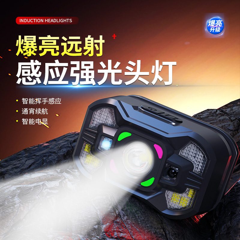 Faros de inducción transfronterizos al aire libre de larga duración luz brillante recargable resistente al agua portátil montado en la cabeza batería interna