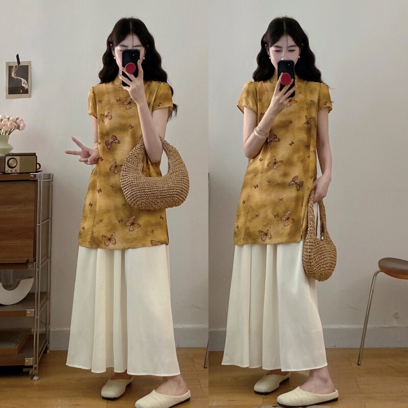 2026 New Maternity Summer Wear Chinese Style Cheongsam Top and Apricot-Colored Skirt Set