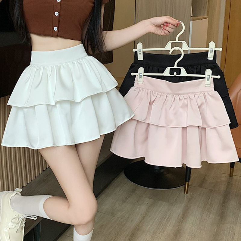 Solid Color Double Layer Cake Puffy Skirt Women's 2024 Autumn and Winter New High Waist Student Stylish A- line Short Skirt