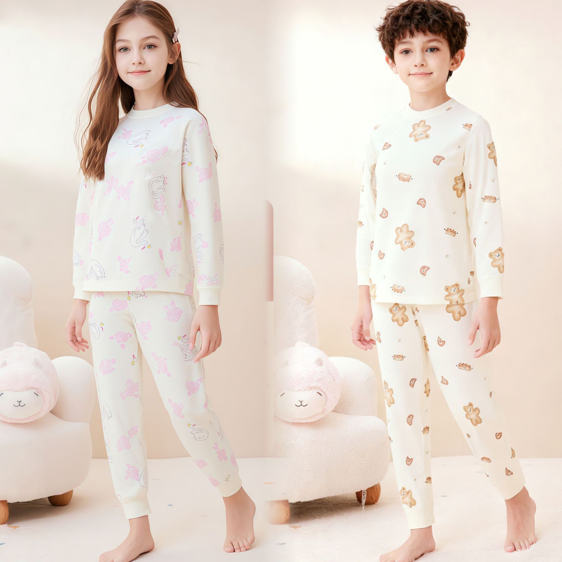 Children's 40-Combed 100% Cotton Intimates Set for Boys and Girls Pure Cotton Home Clothes Pajamas Autumn Clothes and Long Pants Kidsren's Clothing Wholesale