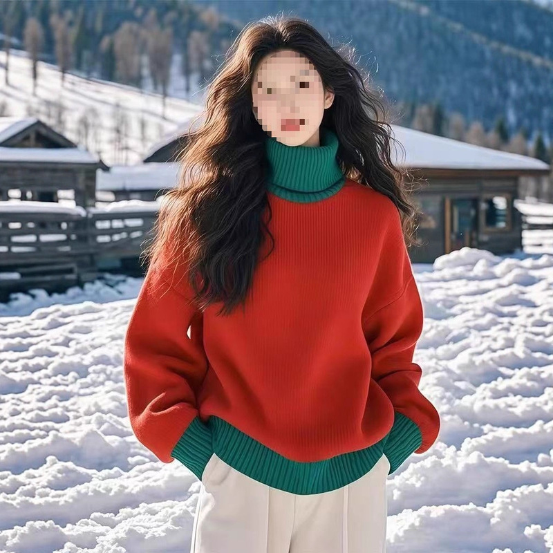 2025 Red and Green Color Matching Christmas Turtleneck Knitwear for Women in Autumn and Winter, Lazy Style, Super Nice and Super Nice Knitted Knitwear Top