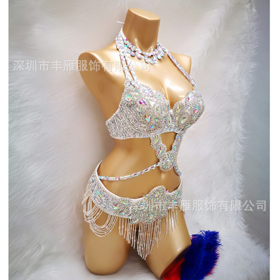 Amazon Sequin Performance Costume suit Bra Top Belt Oriental Belly Dance Nightclub Stage Costume Women