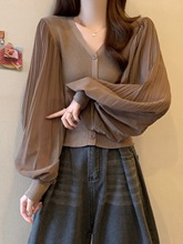 设计感领针织打底衫女早春新款大码胖显瘦泡泡袖上衣漂亮小衫