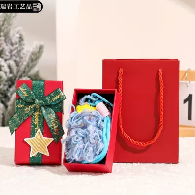 knitted finished products, woolen Christmas Car hanging - misty-blue-star-tassel-tree-ornament-christmas-gift-box-christmas-gift-bag