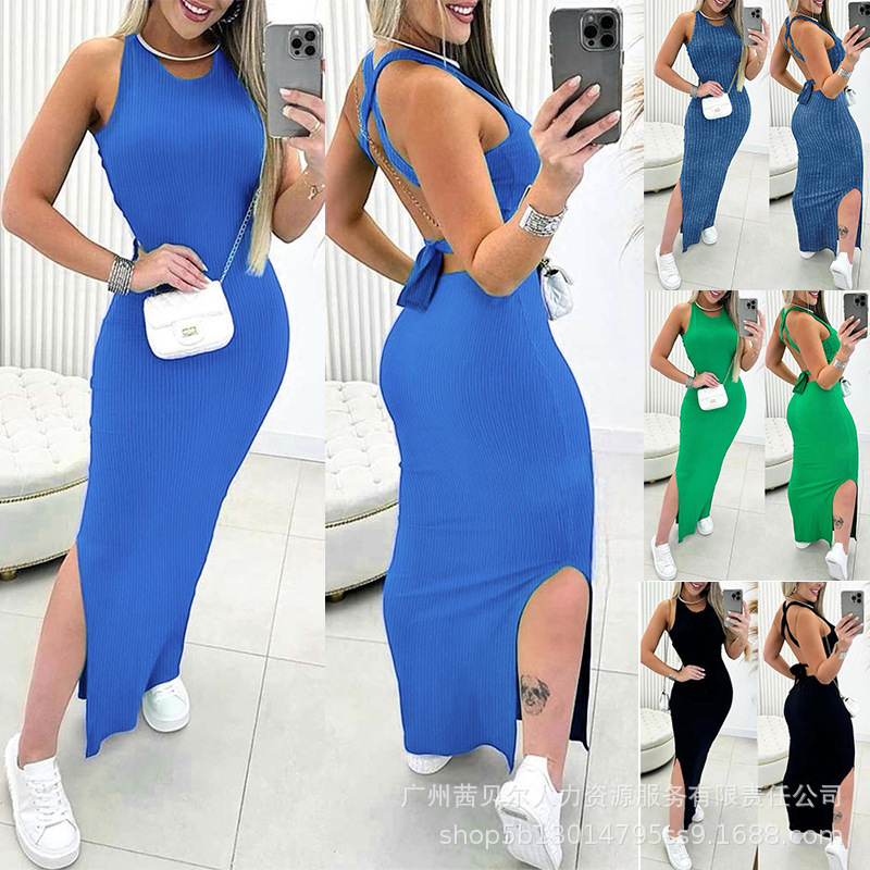 LZR18563 Series European and American Green Halter Large Backless Strap Tight Pit Slit Long Dress