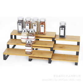 铁木结合可伸缩调料架厨房橱柜多层香料架阶梯式木制化妆品收纳架
