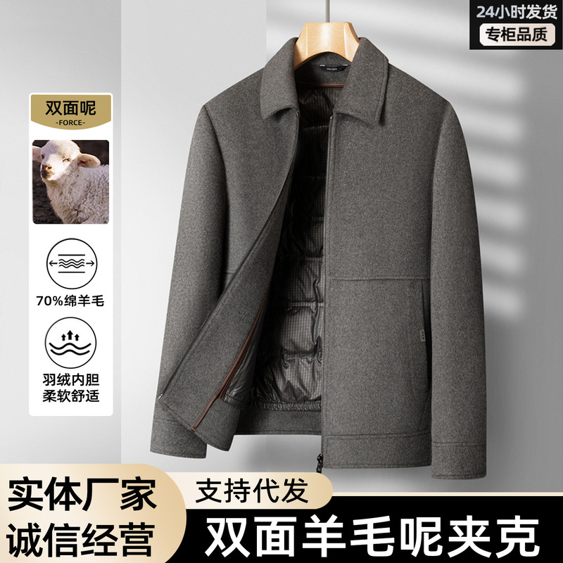 Autumn and winter men's 70% wool blend double-sided woolen jacket with detachable down lining, suitable for middle-aged and elderly, with a turn-down collar and workwear style