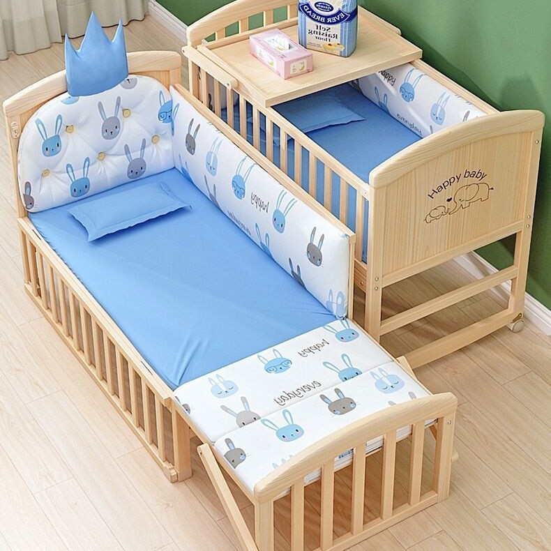 Solid wood baby crib, multifunctional, can be attached to a large bed, with diaper changing table, eco-friendly, paint-free, anti-collision, newborn baby bed Solid wood baby crib, multifunctional, can be attached to a large bed, with diaper changing table, eco-friendly, paint-free, anti-collision, newborn baby bed