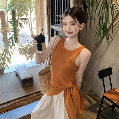 Korean-style design niche side-tie sleeveless knit top summer thin slimming versatile women's clothing