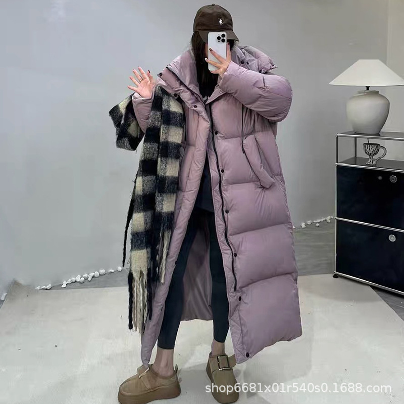 2024 Extra Long 90 White Duck down Jacket Women's Over-The-Knee Thickeneded Large Quilt Hooded Loose Warm Jacket