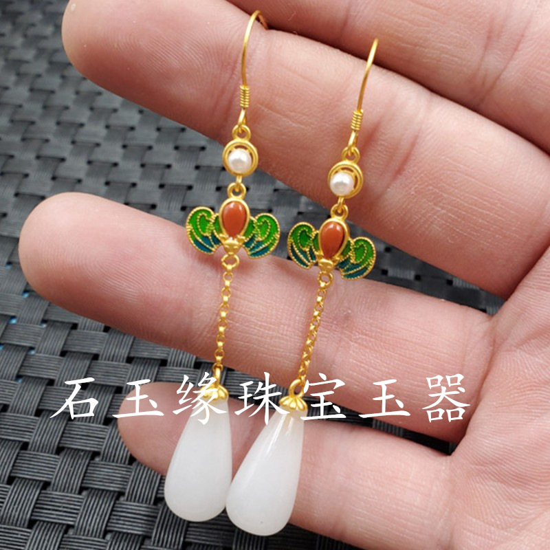 新疆和田白玉公主扣玉石耳环金丝玉羊脂白水滴玉兰花圆珠耳坠耳饰