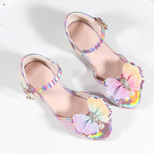  New Ice and Snow Rainbow Dream Girls' High Heels Children's Princess Sandals Bowknot Kids' Shoes Crystal Heels