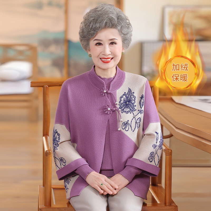 中老年人女妈妈装秋冬新中式国风外套老奶奶加绒毛衣针织两件套装|undefined