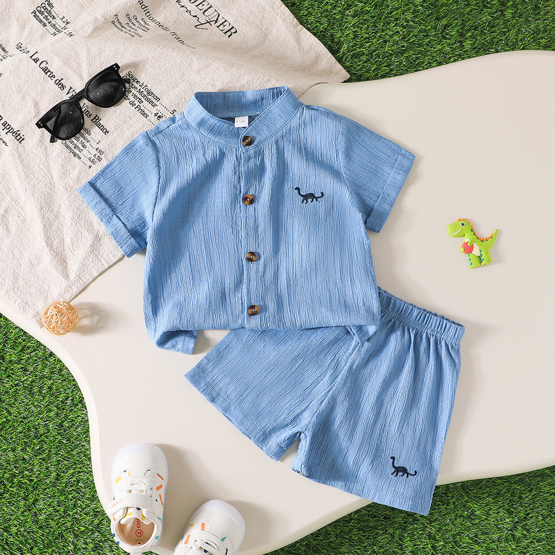 Cross-Border Exclusive Supply of Spring and Summer Clothing for Baby Boys, Solid Color Dinosaur Embroidered Short-Sleeved Shirt + Solid Color Shorts Two-Piece Set in Stock
