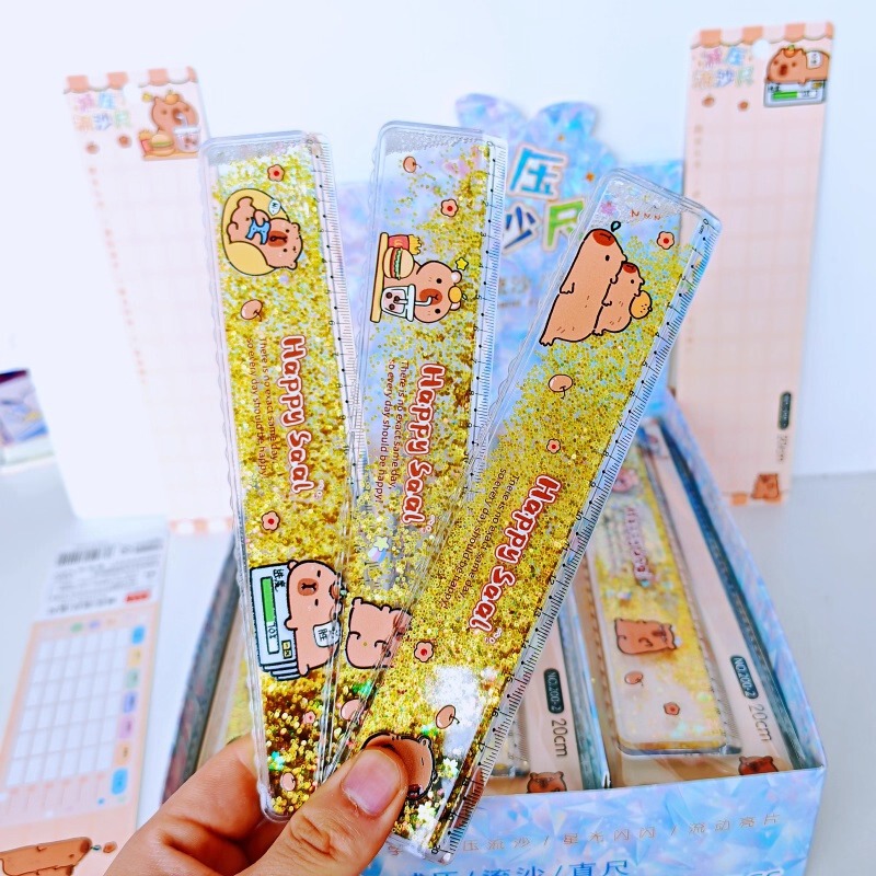 Cartoon Capybara Liquid Sand Ruler Cute High-Quality Pufferfish Oil-Resistant 20cm Straight Ruler Student Drawing Stationery Wholesale