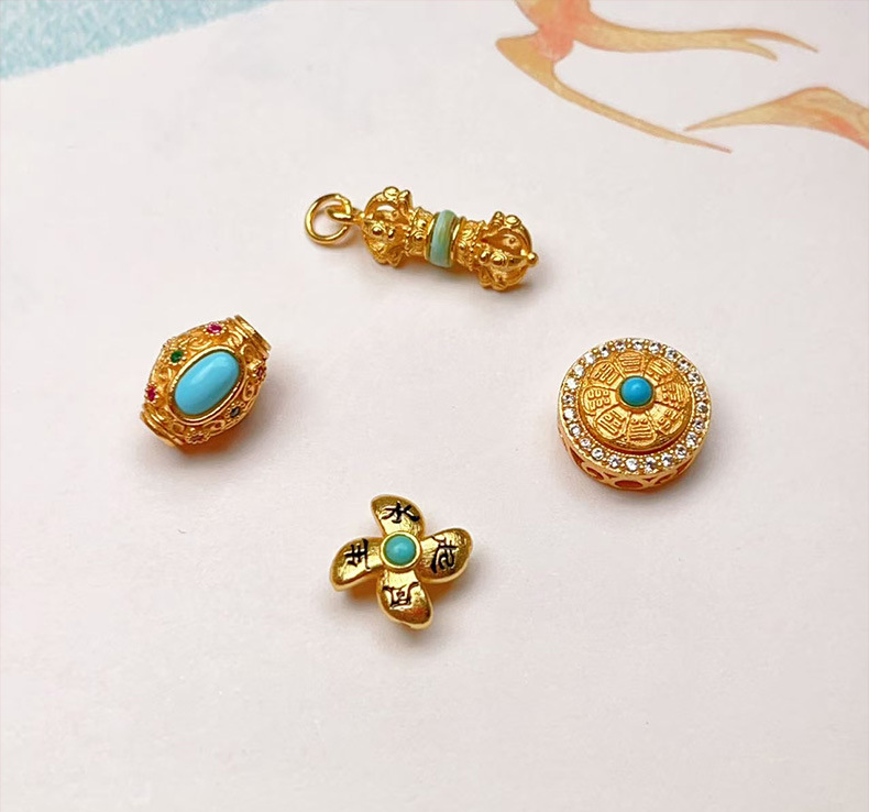S925 Silver Gold-Plated Accessories Natural Turquoise Eight-Character Mantra Bead Pendant Vajra Pestle Pendant Windmill DIY
