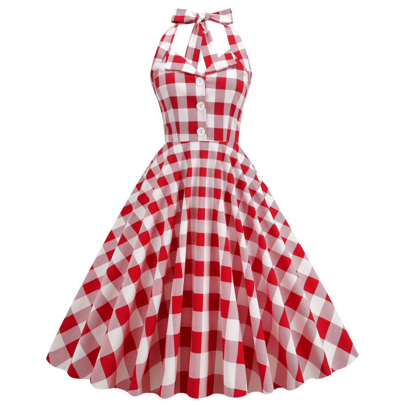 1950S Hepburn-Style Vintage Women's Polka Dot Halter Neck Backless Mid-Length Flared Retro Dress 1950S Hepburn-Style Vintage Women's Polka Dot Halter Neck Backless Mid-Length Flared Retro Dress