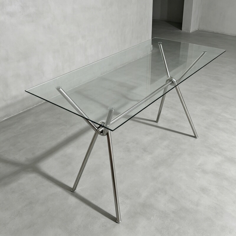 Modern Minimalist Transparent Glass Dining Table with Stainless Steel Stand, Desk, Office Table, Home-Use Bauhaus Style Computer Desk Modern Minimalist Transparent Glass Dining Table with Stainless Steel Stand, Desk, Office Table, Home-Use Bauhaus Style Computer Desk