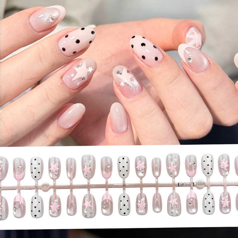 Xiaohongshu's Popular Silver-Plated Glass Bead Cat-Eye Nail Stickers with Five-Pointed Star and Polka Dot Pink Korean-Style Sweet Girl Nail Patches Xiaohongshu's Popular Silver-Plated Glass Bead Cat-Eye Nail Stickers with Five-Pointed Star and Polka Dot Pink Korean-Style Sweet Girl Nail Patches