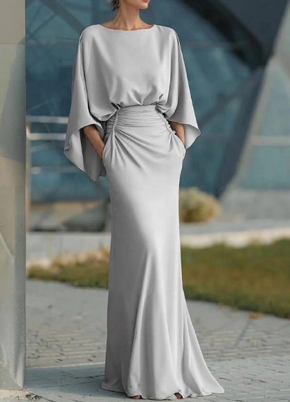 Elegant Backless Pleated Long Dress For Women American Style Slim Fit With Pockets New In Stock_ecoleips.com