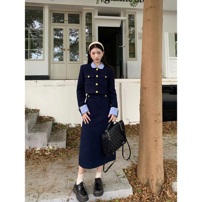 uj法式小香风长袖外套条纹拼接连衣裙女秋冬新款时尚两件套sd|undefined