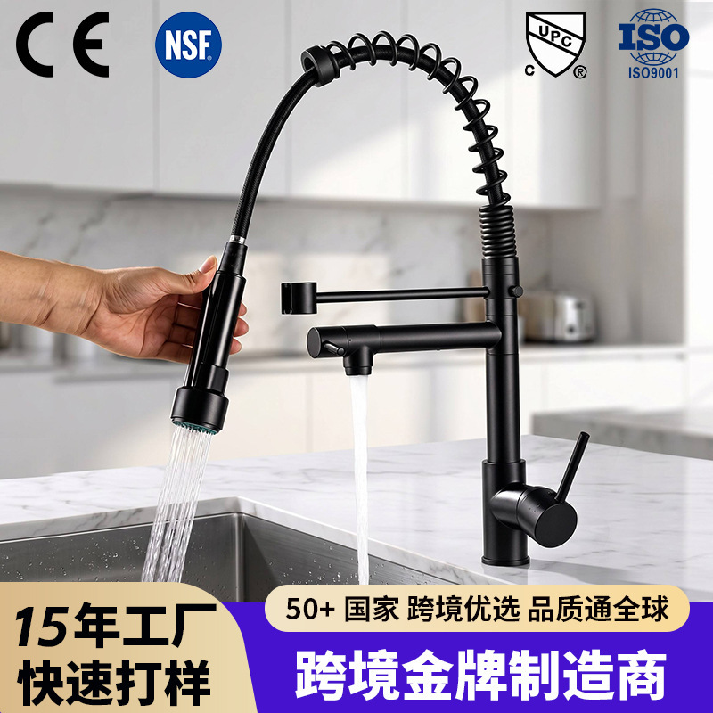 Foreign trade spring double tap cross-border hot and cold water brass nickel wire drawing American rotating stretch sink faucet