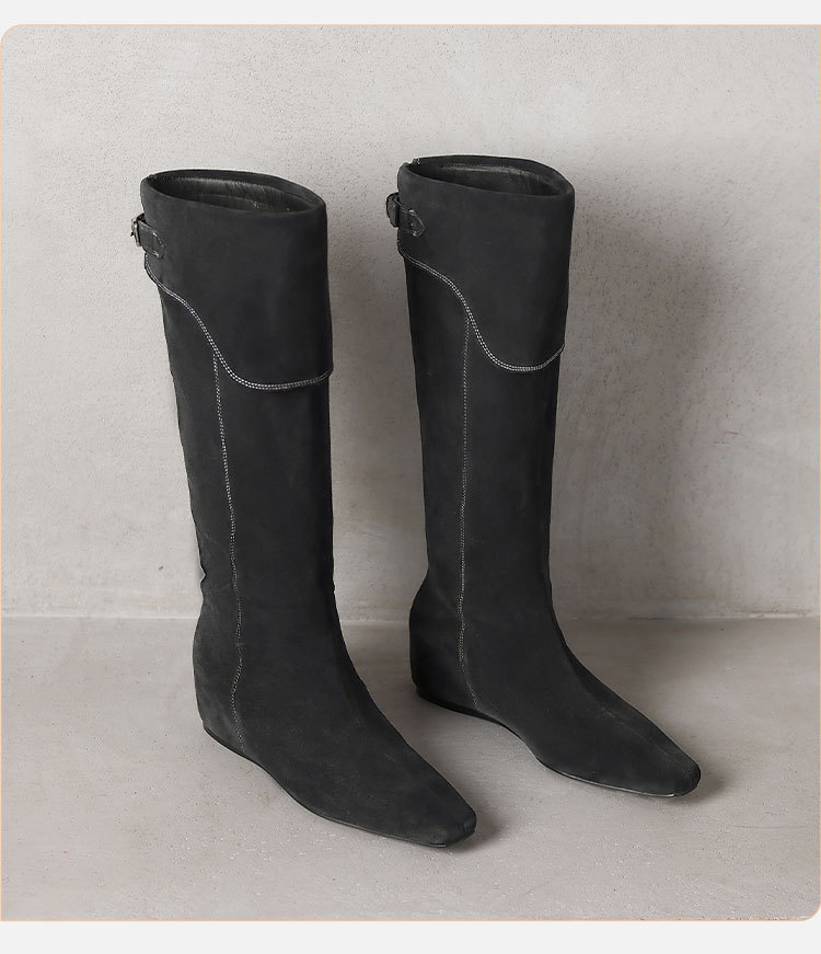 Boot nữ cổ cao da mờ phong cách Wasteland, đế xuồng tăng chiều cao, mùa thu đông — Màu nâu, xanh xám chi tiết 11