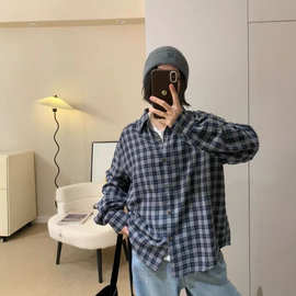 春夏秋新款慵懒风港风复古格子长袖衬衫女宽松防晒衬衣外套上衣