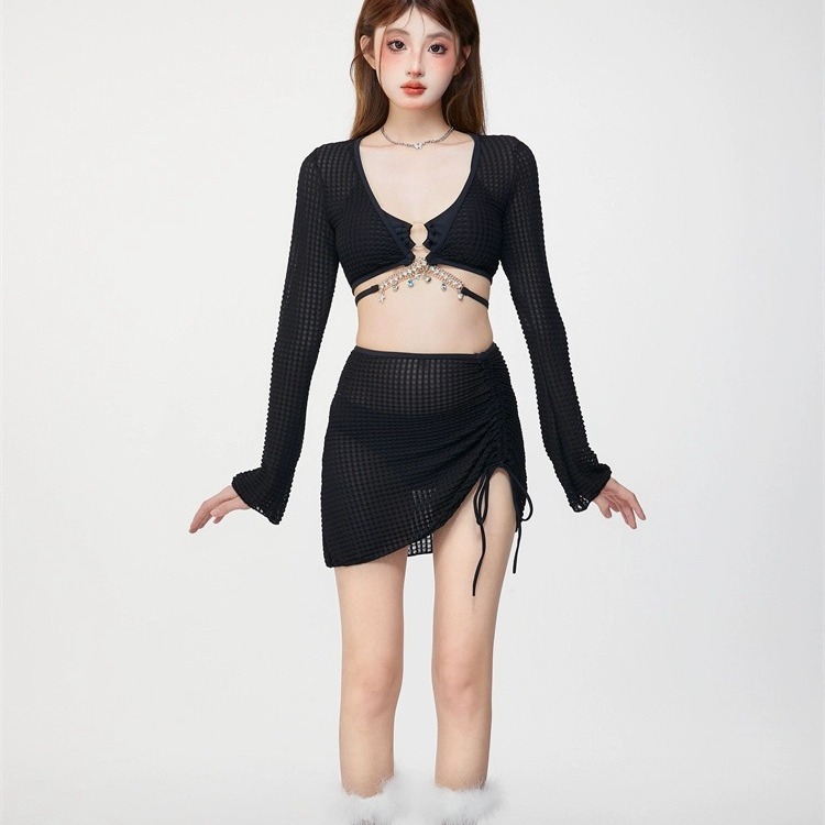 泳衣女款夏新款纯欲风比基尼长袖罩衫包臀裙甜美绑带度假泳装溫泉