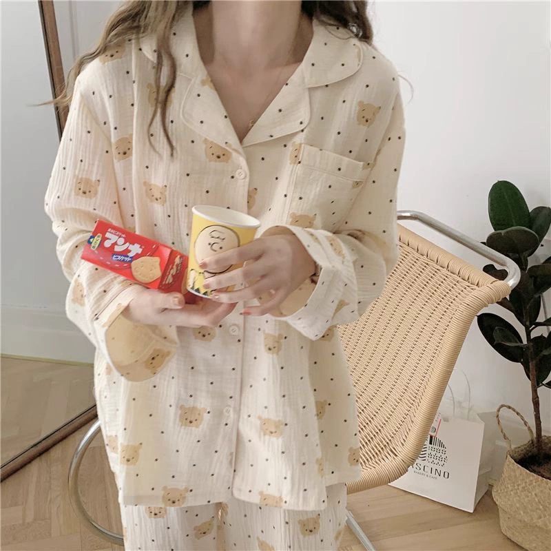 Пижамный комплект с длинным рукавом для женщин, кардигановидная кофточка с цветочным принтом, свободный крой