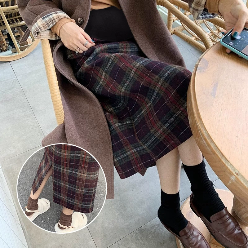 Шерстяная юбка в клетку для беременных в стиле ретро 2023, осенне-зимнее утолщенное универсальное платье-трапеция в клетку для живота