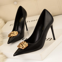 323-7 European and American wind fashion high heels for women's shoes high heel with shallow mouth party pointed metal buckles decorated single shoes