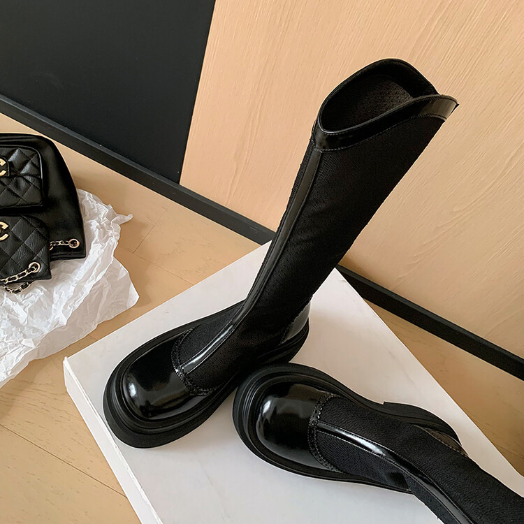 Boot lưới da thật cổ cao mũi tròn đế dày phối màu thoáng khí mùa hè — Màu đen cổ ống lớn, Ống nhỏ màu đen, Chu vi ống lớn màu trắng Be, Ống nhỏ màu be chi tiết 13