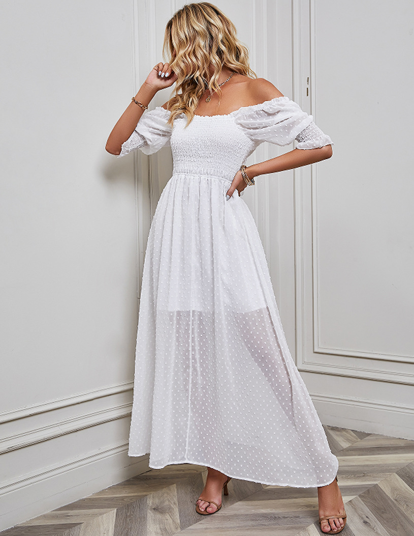 Fashion Solid Color Boat Neck Short Sleeve Jacquard Polyester Maxi Long Dress