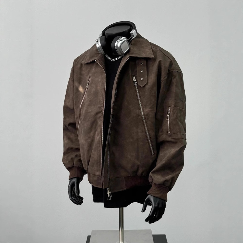 Maillard Brown Leather Jacket Men's Trendy Brand Lapel Short Zipper Motorcycle Jacket American Retro Bomber Jacket Maillard Brown Leather Jacket Men's Trendy Brand Lapel Short Zipper Motorcycle Jacket American Retro Bomber Jacket