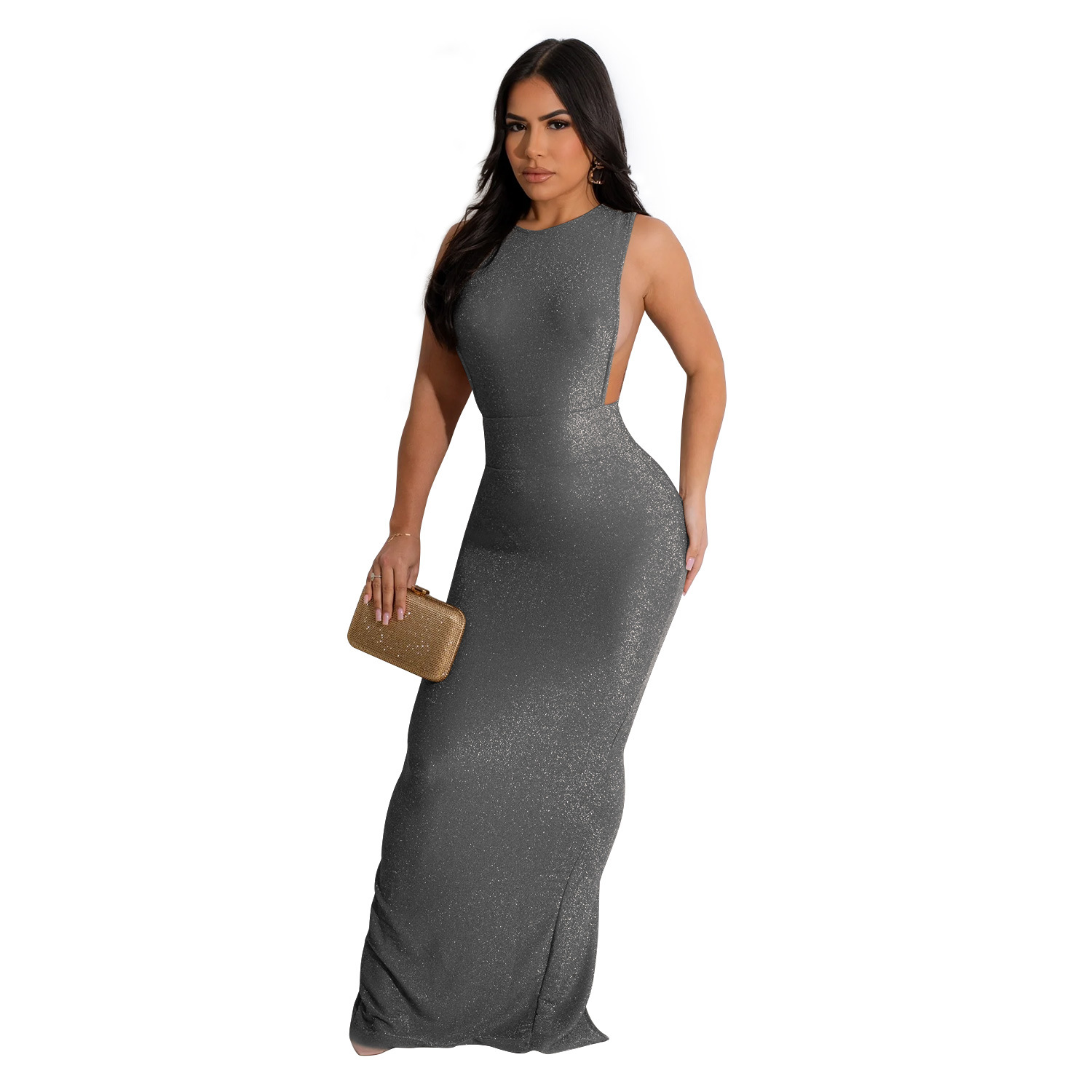 C6791 transfronteriza AliExpress Amazon moda europea y americana de las mujeres de color sólido cuello redondo sin mangas vestido partido image 8
