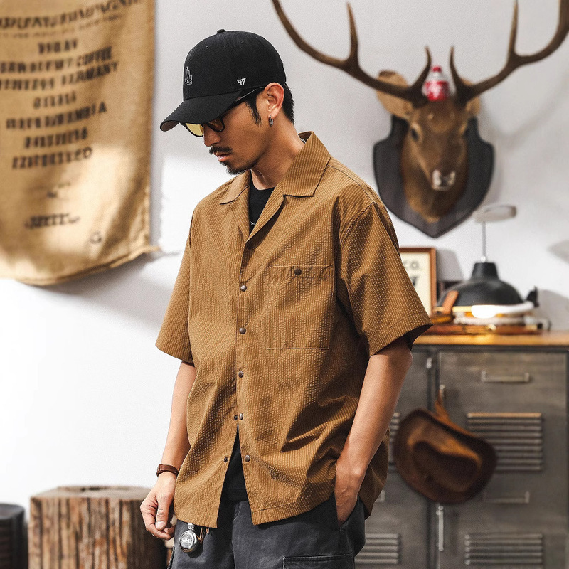 [Zero Pressure Intelligent Quick Dry] Cuban Collar Shirt Men's Summer Short-sleeved Thin Cool Mountain American Retro Shirt
