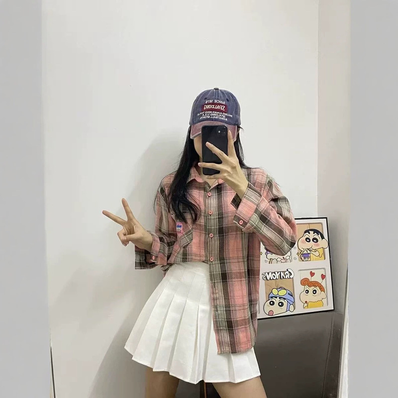 CD720 Pink Brushed Shirt for Women, New 2026 Autumn Plaid Mid-Length Loose Fitting Long Sleeve Top with Logo